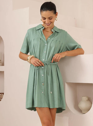 Iris Maxi Ellie Mini Dress with V-Neck Collar Buttoned Front - Pistachio