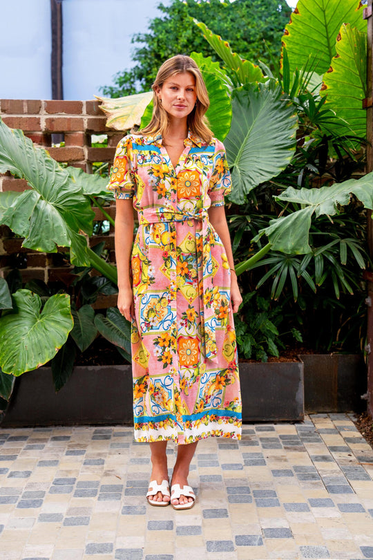 Boho Australia Aamina Midi Dress with V-Neck Buttons Pockets - Lemon Floral