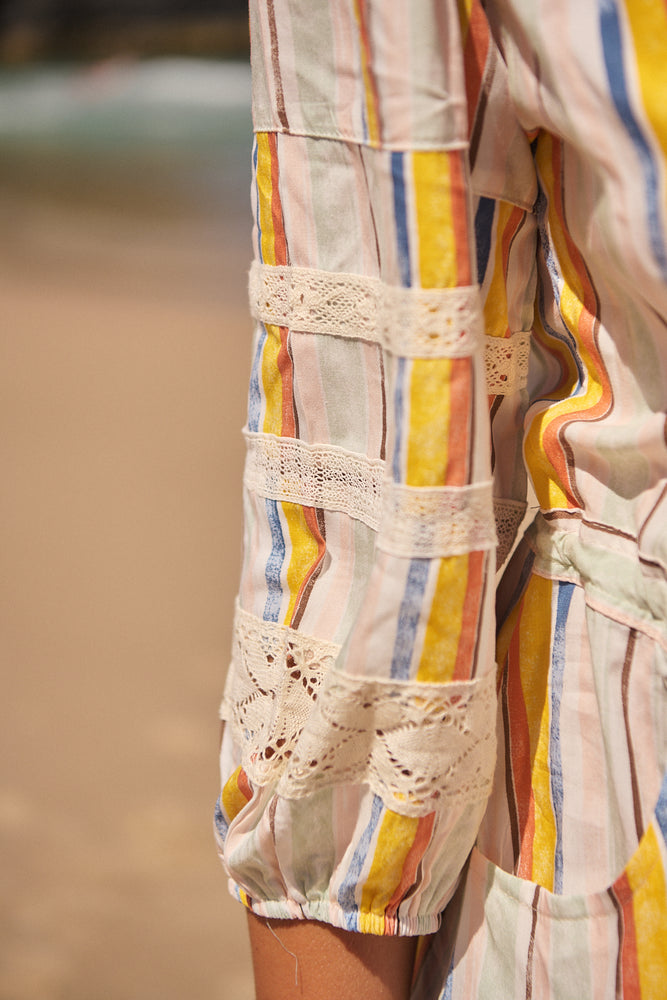 Jaase Remy Mini Dress with Pockets Drawstring Waist Half Sleeve Button Bodice - Coloured Sands - Style House Fashion Jaase Jaase