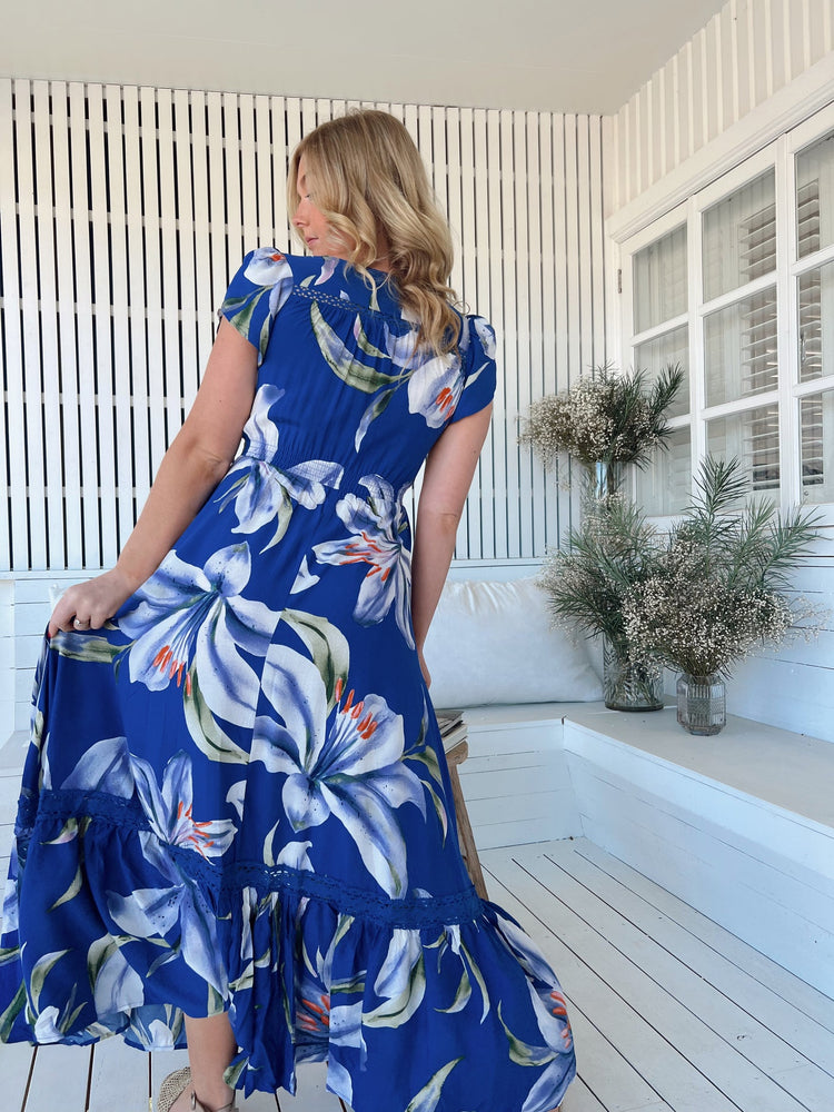Jaase Carmen Maxi Dress with Cap Shell Sleeve V Neck Pockets Buttoned - Asteria - Style House Fashion Jaase Jaase