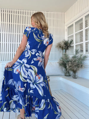 Jaase Carmen Maxi Dress with Cap Shell Sleeve V Neck Pockets Buttoned - Asteria - Style House Fashion Jaase Jaase
