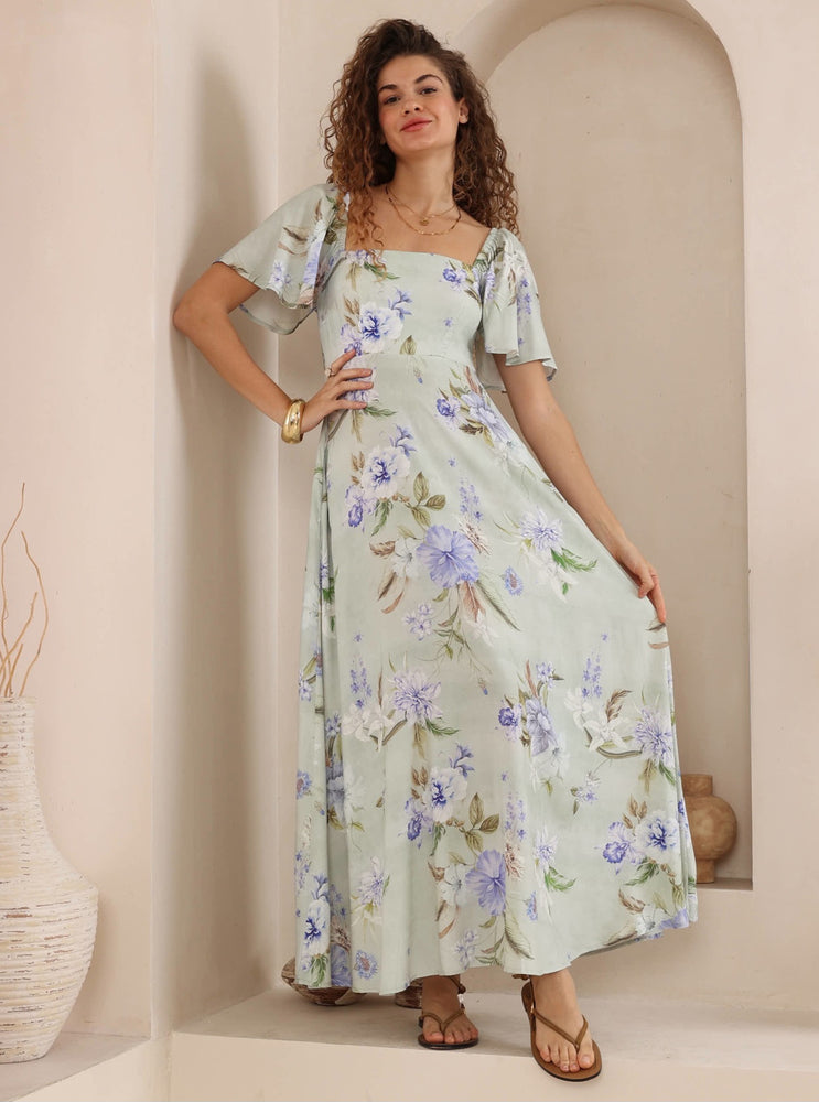 Iris Maxi Charlotte Maxi Dress with Shirred Bodice Flutter Sleeve - Cassidy