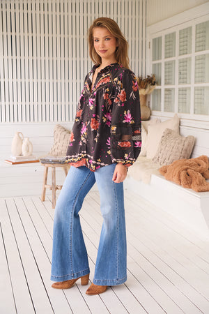 Jaase Eliza Blouse with V-Neck Lace Buttons Balloon Sleeve - Monarch Bloom - Style House Fashion