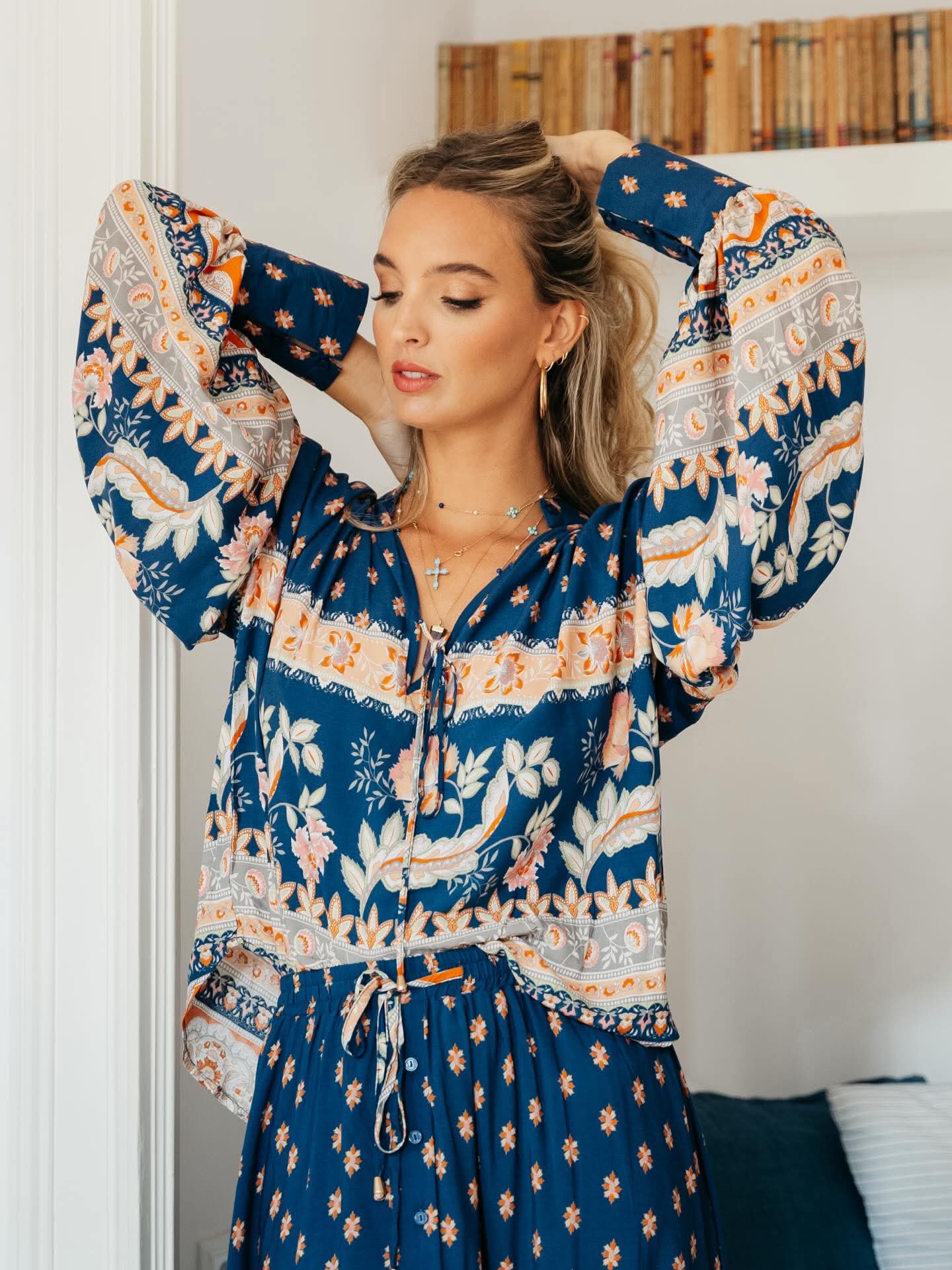 Jaase Marfa Blouse Top with Tie Front Long Cuff Sleeve - Asha - Style House Fashion