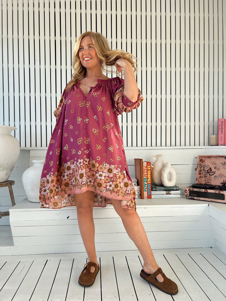 Jaase Evelyn Mini Dress with Pockets V Neck Buttoned Relaxed Shift - Bee Orchid - Style House Fashion Jaase