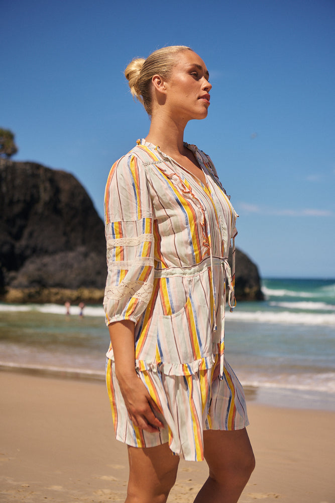 Jaase Remy Mini Dress with Pockets Drawstring Waist Half Sleeve Button Bodice - Coloured Sands - Style House Fashion Jaase Jaase