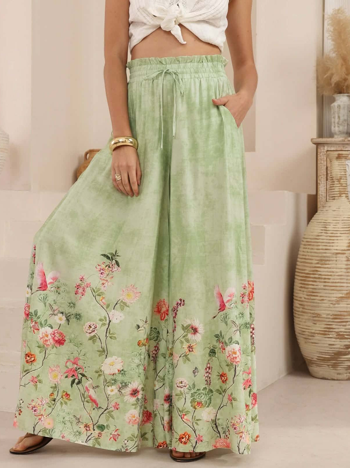 Iris Maxi Palazzo Pants Drawstring Waist Wide Leg - Laurel - Style House Fashion