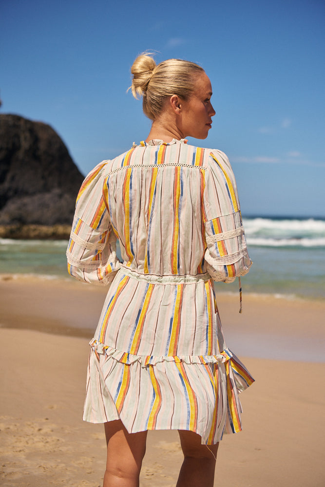 Jaase Remy Mini Dress with Pockets Drawstring Waist Half Sleeve Button Bodice - Coloured Sands - Style House Fashion Jaase Jaase