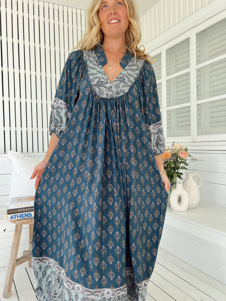 Jaase Boheme Midi Dress with Mandarin Collar V Neck Pockets - Nico - Style House Fashion Jaase Jaase