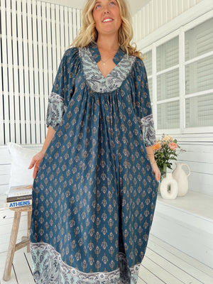 Jaase Boheme Midi Dress with Mandarin Collar V Neck Pockets - Nico - Style House Fashion Jaase Jaase