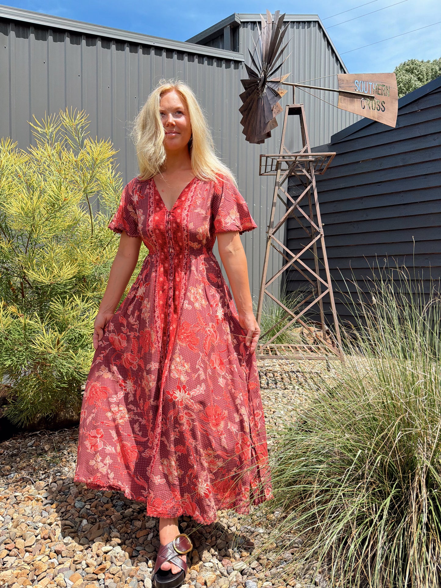 Jaase Pearl Midi Dress with Flutter Sleeve V Neck Pockets Buttoned - Ziggy - Style House Fashion