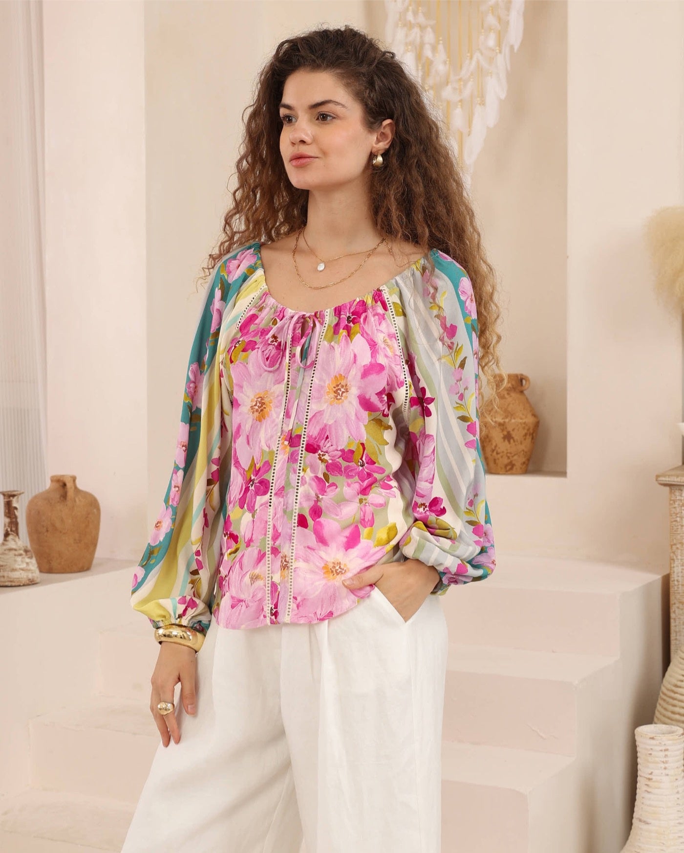 Iris Maxi Cove Blouse Top with Tie Off Shoulder Long Sleeve Elastic Cuff - Rosalia - Style House Fashion Iris Maxi