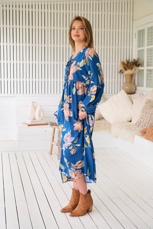 Jaase Penny Midi Dress with V-Neck Ties Elastic Cuff Sleeve - Georgia Blue - Style House Fashion Jaase