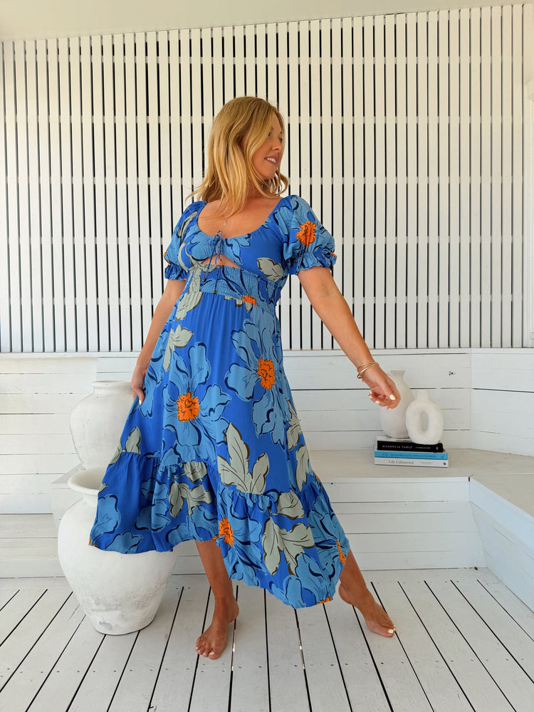 Jaase Rini Midi Dress V Neck Off Shoulder Elastic Waist - Blue Bell - Style House Fashion Jaase