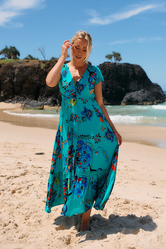 Jaase Carmen Maxi Dress with Cap Shell Sleeve V Neck Pockets Buttoned - Isla Mare - Style House Fashion Jaase Jaase Jaase