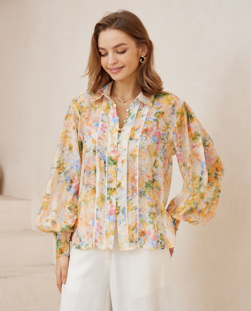 Iris Maxi - Maya Blouse Top with Collar Long Sleeve Buttons - Bouquet - Style House Fashion Iris Maxi