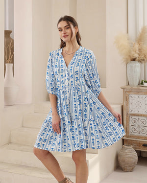 Iris Maxi Emma Mini Dress with V-Neck Buttons Pockets - Blue Daisy - Style House Fashion Iris Maxi