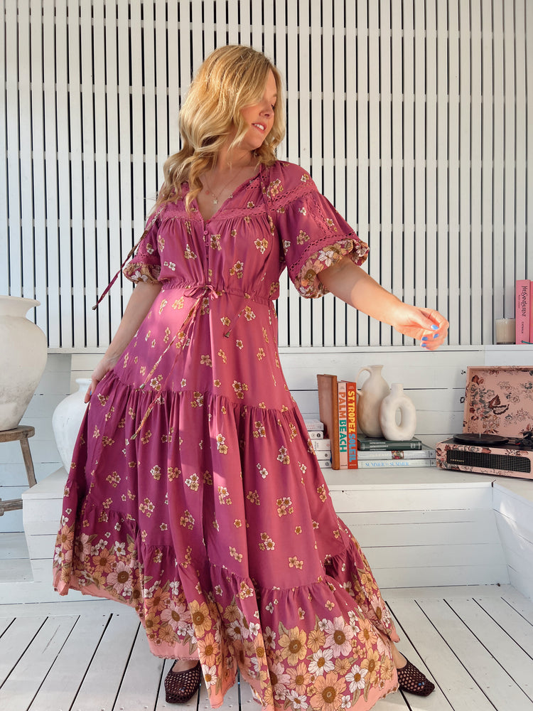 Jaase Elsa Maxi Dress with Button Bodice Puff Sleeve Lace Detail - Bee Orchid - Style House Fashion Jaase