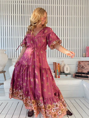 Jaase Elsa Maxi Dress with Button Bodice Puff Sleeve Lace Detail - Bee Orchid - Style House Fashion Jaase