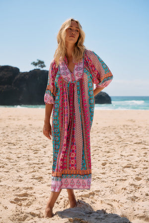Jaase Boheme Midi Dress with Mandarin Collar V Neck Pockets - Cedella - Style House Fashion Jaase