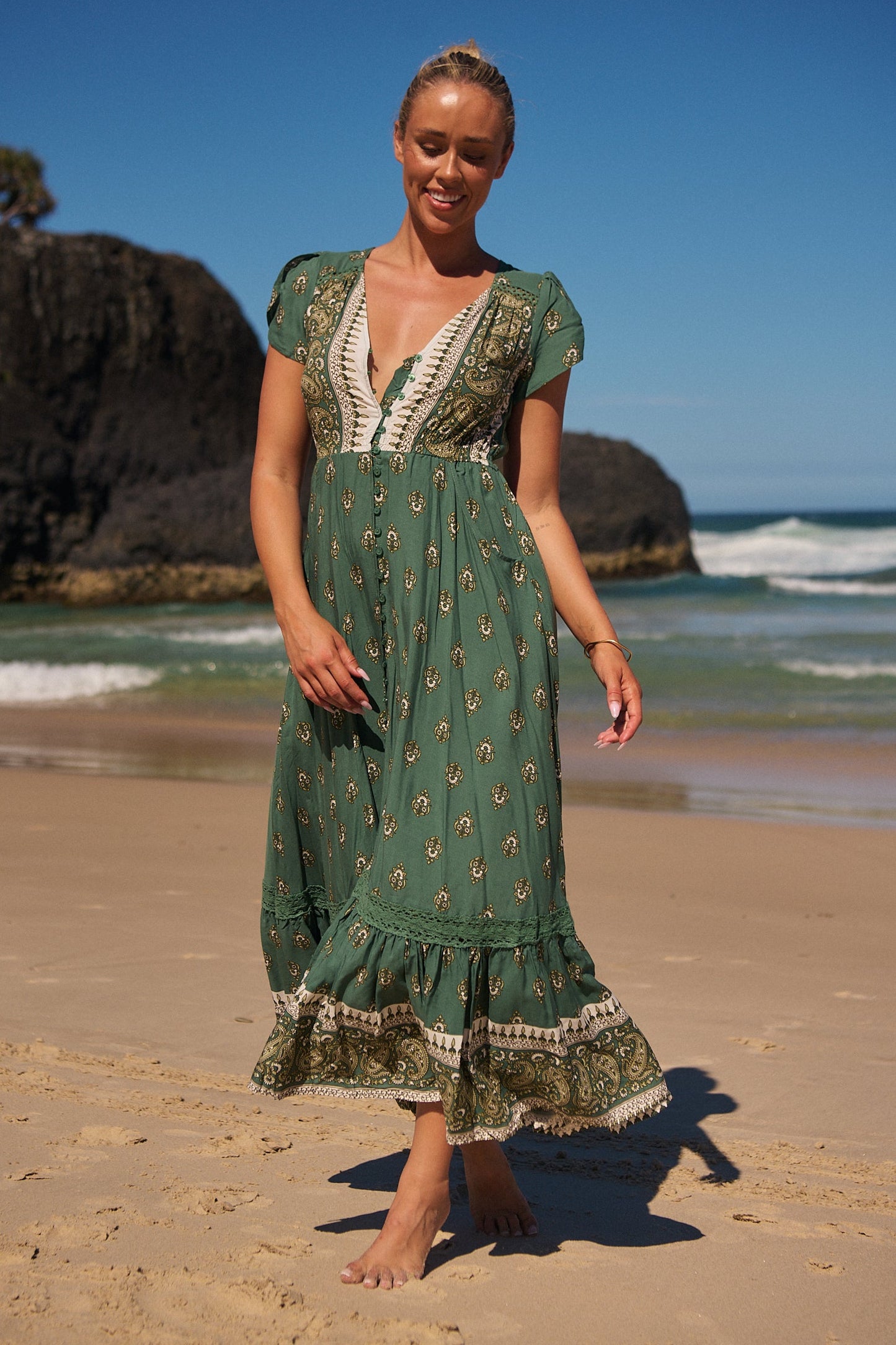 Jaase Carmen Maxi Dress with Cap Shell Sleeve V Neck Pockets Buttoned - Viridian - Style House Fashion Jaase Jaase Jaase Jaase Jaase Jaase