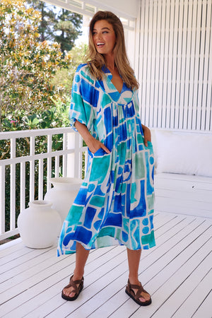 Jaase Boheme Midi Dress with Mandarin Collar V Neck Pockets - Maldives - Style House Fashion Jaase