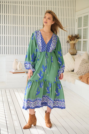 Jaase Willa Midi Dress with Pockets V-Neck Buttons Bodice Drawstring Waist - Bluebird - Style House Fashion Jaase Jaase