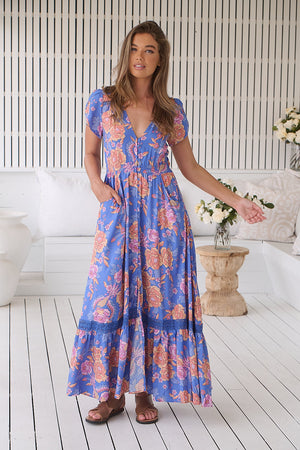 Jaase Carmen Maxi Dress with Cap Shell Sleeve V Neck Pockets - Glastonbury - Style House Fashion Jaase