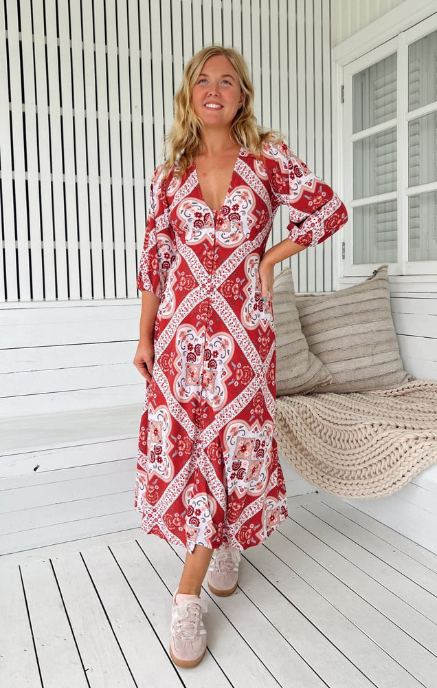 Jaase Lenni Midi Dress with V-Neck Buttoned A-Line Skirt Puff Sleeve - Rosa