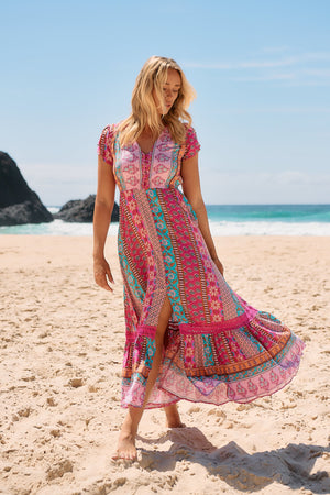 Jaase Carmen Maxi Dress with Cap Shell Sleeve V Neck Pockets Buttoned - Cedella - Style House Fashion Jaase Jaase Jaase