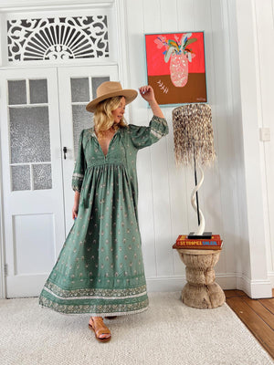 Jaase Meadow Maxi Dress with V Neck Button Bodice - Viridian - Style House Fashion Jaase