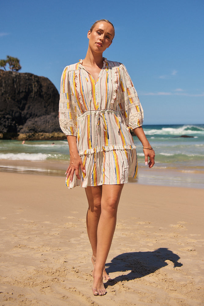 Jaase Remy Mini Dress with Pockets Drawstring Waist Half Sleeve Button Bodice - Coloured Sands - Style House Fashion Jaase Jaase