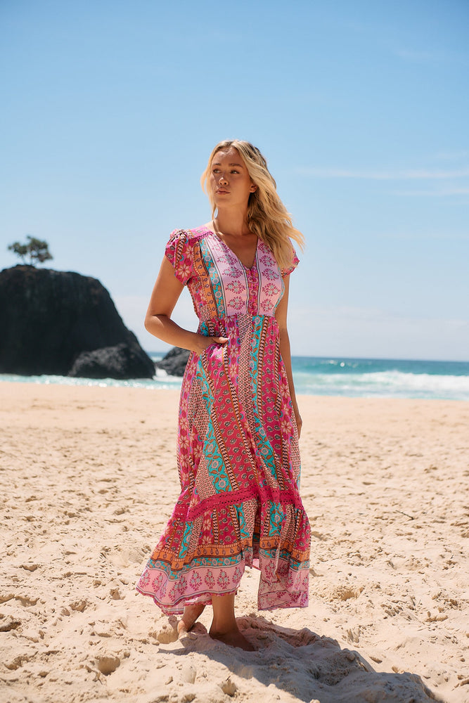 Jaase Carmen Maxi Dress with Cap Shell Sleeve V Neck Pockets Buttoned - Cedella - Style House Fashion Jaase Jaase Jaase
