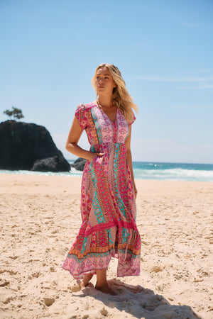 Jaase Carmen Maxi Dress with Cap Shell Sleeve V Neck Pockets Buttoned - Cedella - Style House Fashion Jaase Jaase Jaase
