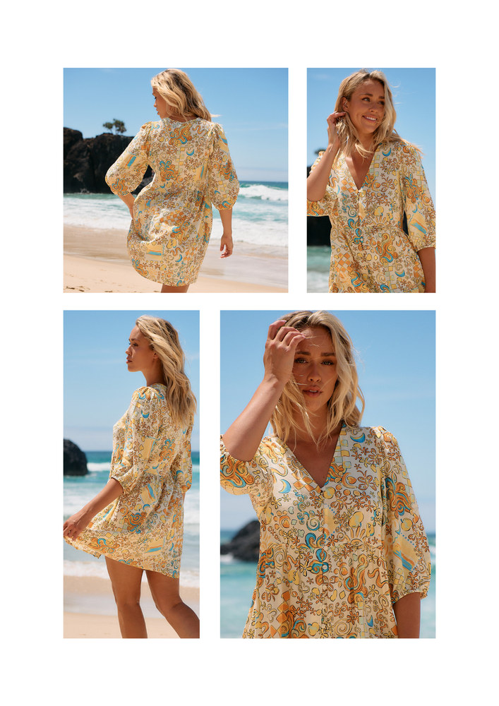 Jaase Jayme Mini Dress with Half Sleeve V Neck Buttons - Sonnie