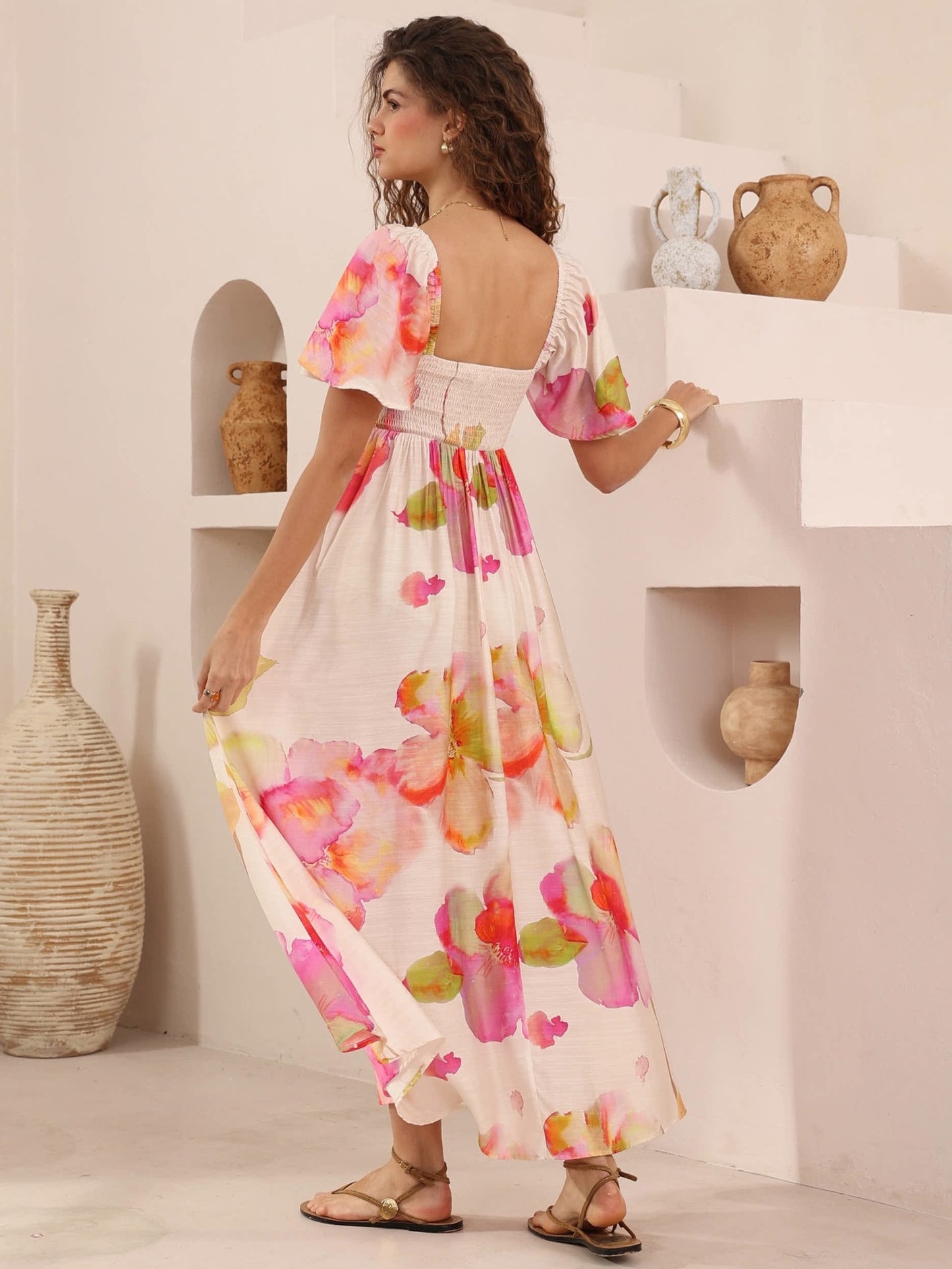Iris Maxi Charlotte Maxi Dress with Shirred Bodice Flutter Sleeve - Pink Petal - Style House Fashion Iris Maxi