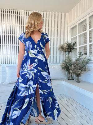 Jaase Carmen Maxi Dress with Cap Shell Sleeve V Neck Pockets Buttoned - Asteria - Style House Fashion Jaase Jaase