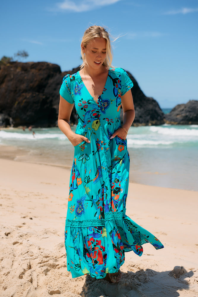 Jaase Carmen Maxi Dress with Cap Shell Sleeve V Neck Pockets Buttoned - Isla Mare - Style House Fashion Jaase Jaase Jaase