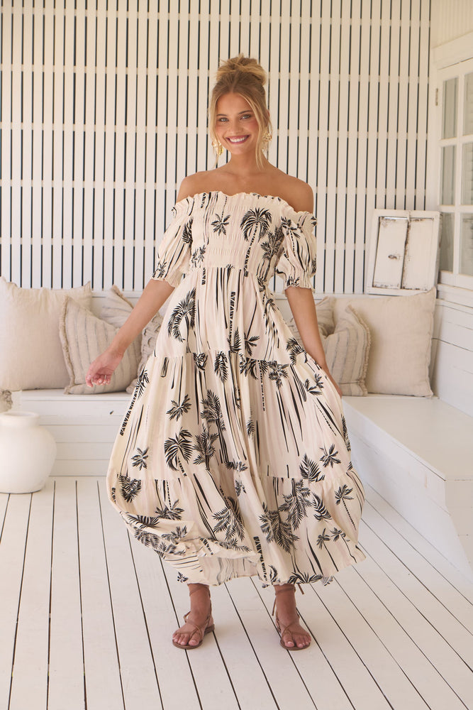 Jaase Claudette Maxi Dress With Shirred Bodice Puff Sleeve Off Shoulder Tiered Skirt - Serene - Style House Fashion Jaase Jaase