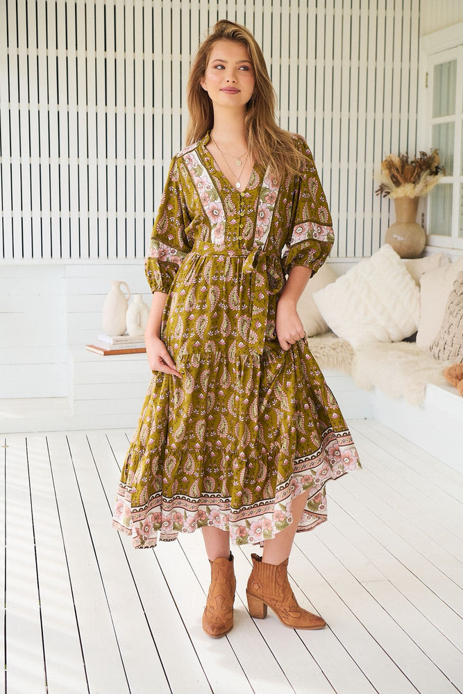 Jaase Mila Midi Dress with V Neck Billowy Sleeve - Amalie - Style House Fashion Jaase