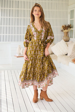 Jaase Mila Midi Dress with V Neck Billowy Sleeve - Amalie - Style House Fashion Jaase