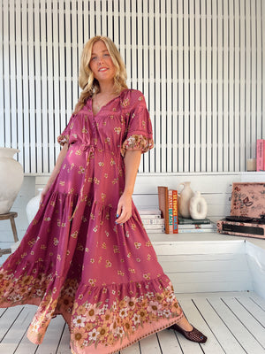 Jaase Elsa Maxi Dress with Button Bodice Puff Sleeve Lace Detail - Bee Orchid - Style House Fashion Jaase