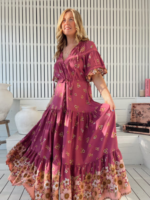 Jaase Elsa Maxi Dress with Button Bodice Puff Sleeve Lace Detail - Bee Orchid - Style House Fashion Jaase