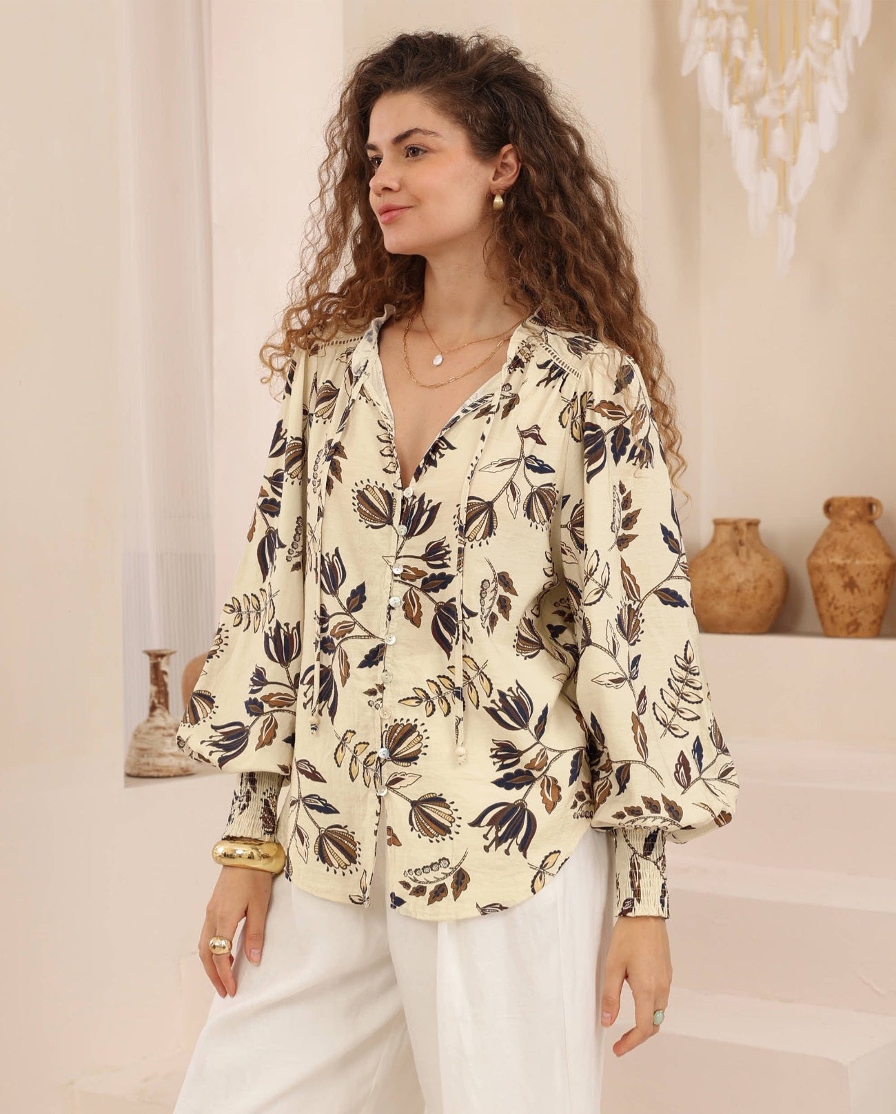Iris Maxi Amaya Blouse Top with V-Neck Buttons Long Sleeve Shirred Cuff - Desert Bloom - Style House Fashion Iris Maxi
