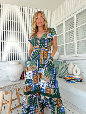 Jaase Carmen Maxi Dress with Cap Shell Sleeve V Neck Pockets Buttoned - Emerald Cove - Style House Fashion Jaase Jaase Jaase