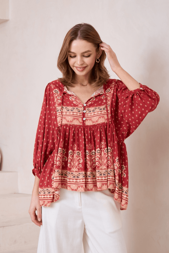 Iris Maxi Janie Blouse Tunic Top with V Neck Tie - Ruby - Style House Fashion Style House Fashion Style House Fashion