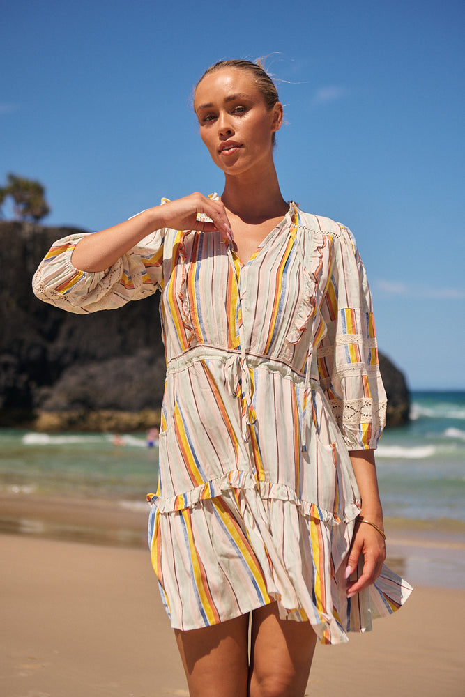 Jaase Remy Mini Dress with Pockets Drawstring Waist Half Sleeve Button Bodice - Coloured Sands - Style House Fashion Jaase Jaase