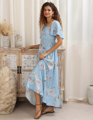 Iris Maxi Charlotte Maxi Dress with Shirred Bodice Flutter Sleeve - Sapphire Bloom