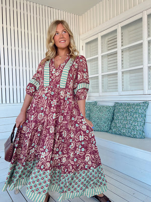 Jaase Mila Midi Dress with V Neck Buttoned Bodice Half Sleeve - Athena - Style House Fashion Jaase