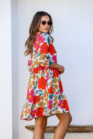 Joop & Gypsy Kaya Mini Dress with V Neck Buttons Pockets - Red Tropics - Style House Fashion Joop and Gypsy Joop and Gypsy Joop and Gypsy Joop and Gypsy